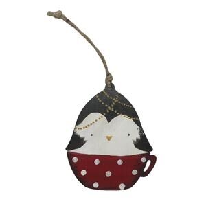 Handcrafted Penguin In Red Cup Christmas Ornament Painted Plywood Arctic Animal